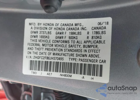 2018 Honda Civic Ex из США, поврежденный, VIN 2HGFC2F86JH570495